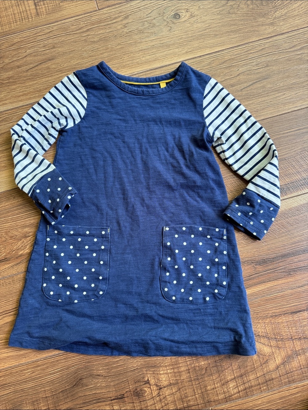 Mini Boden Navy Long-Sleeve Tunic with Striped Sleeves and Polka Dot Pockets